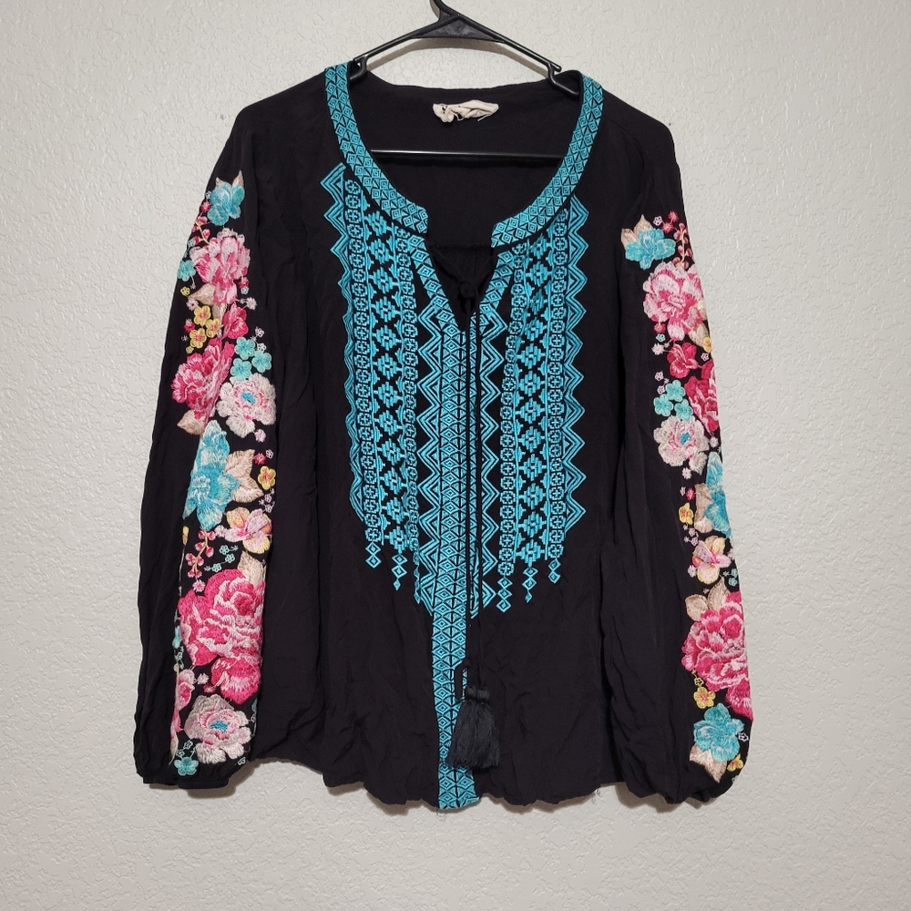 Savanna Jane Black Tunic with Turquoise Embroidery and Multicolor Floral Sleeves - Picture 2 of 9